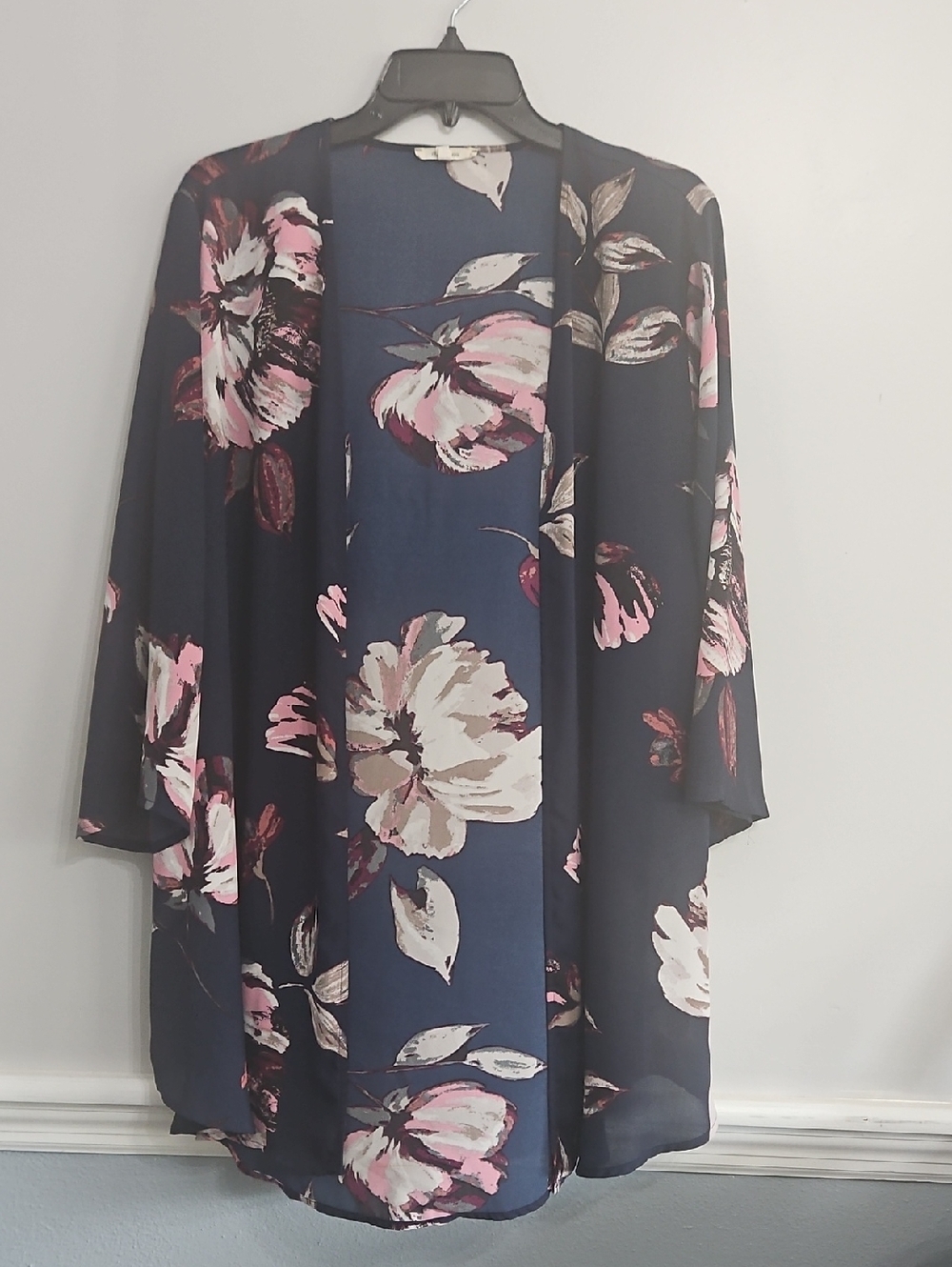 Maurices Navy Floral Long Sleeve Kimono Cardigan - Pink, Cream Plus Size